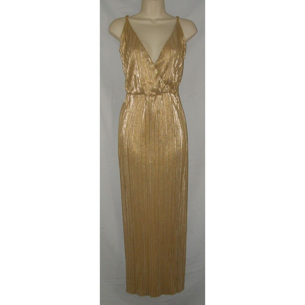 NEW Shiny Gold Sz Medium Sleeveless Lined Pleated Holiday Maxi Dress CANDALITE